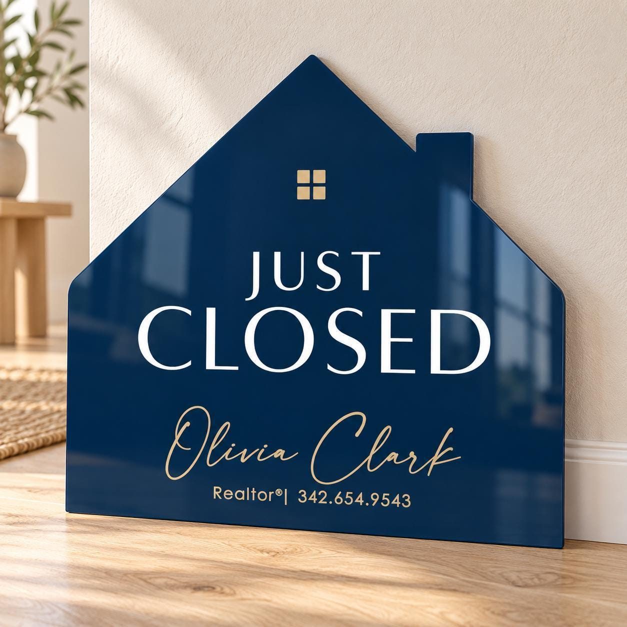 Navy Just Closed house sign in acrylic by Closing Day Signs